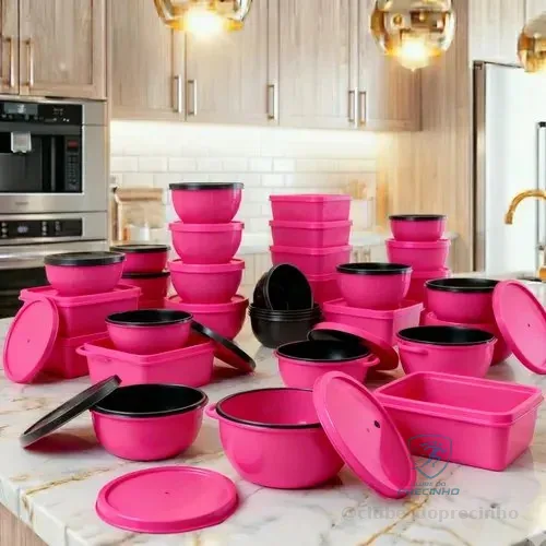 Kit 24 Potes Para Cozinha Sortidas Organizador Mantimentos Rosa