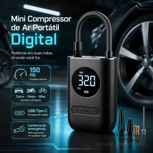 Compressor De Ar Digital Mini Portátil Recarregável Usb-c Para Pneus De Bicicleta Moto Carro Bolas Infláveis Preto 127/220v 60 Hz Monofásica