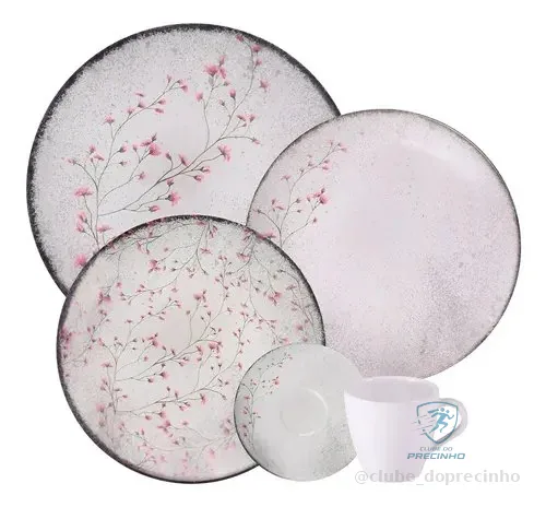 Aparelho De Jantar Tramontina Floralis Porcelana 20 Peças Cinza Florido
