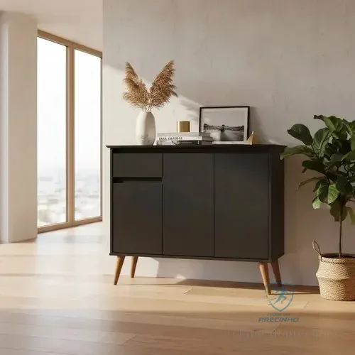Buffet Aparador Com 3 Portas 1 Gaveta Balcão Sala Cozinha Preto