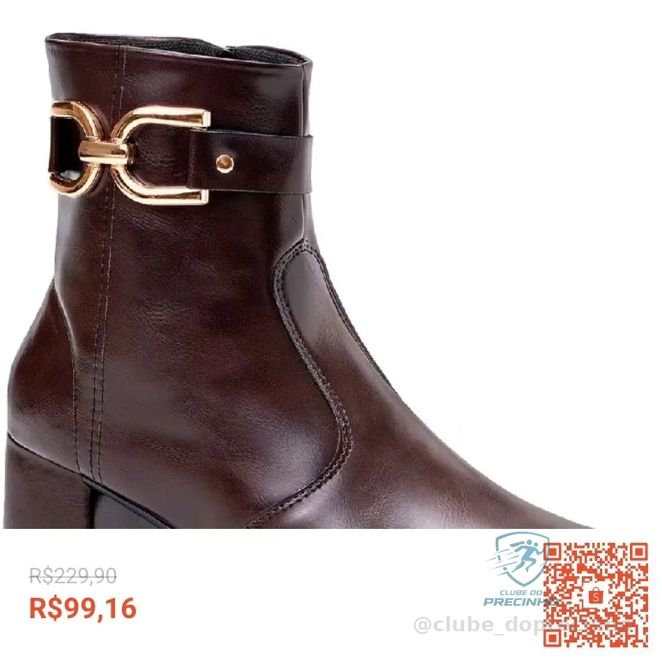 Bota Feminina Lumiss Bico Fino Salto Médio Bloco Cano Curto Fivela Dourada