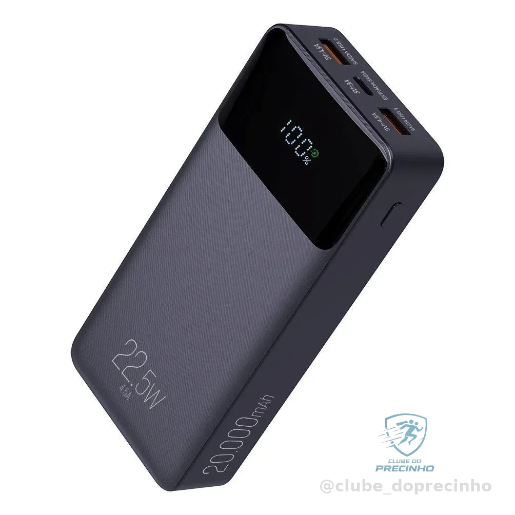Power Bank Carregador Portátil Pro 20000mAH ELG PB200BK, Bateria Portátil Universal, Carga Rápida, Display Indicador