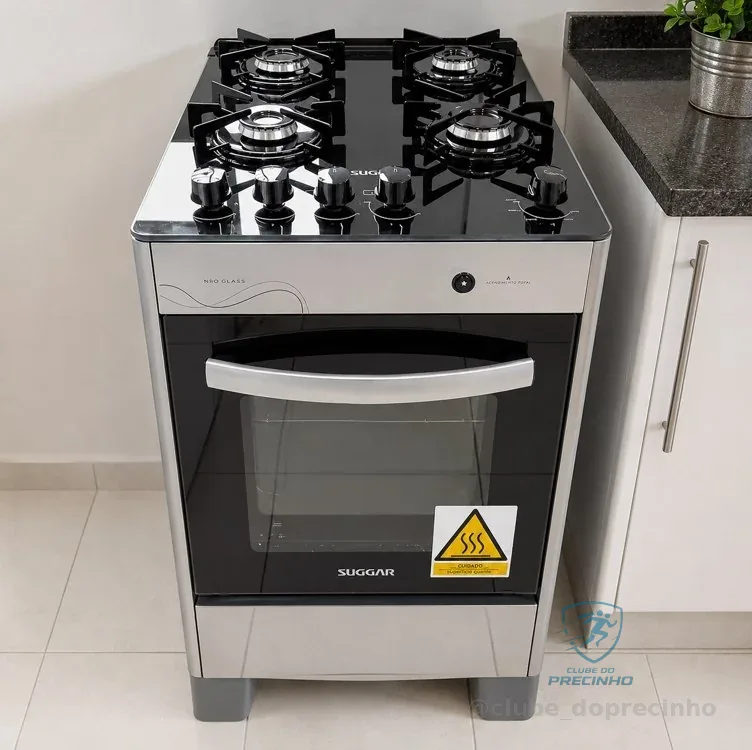 SUGGAR FOGÃO NEO GLASS PRATA MESA DE VIDRO 4 BOCAS TREMPE 6 APOIOS ACENDIMENTO AUTOMÁTICO FGVNG410PRIX