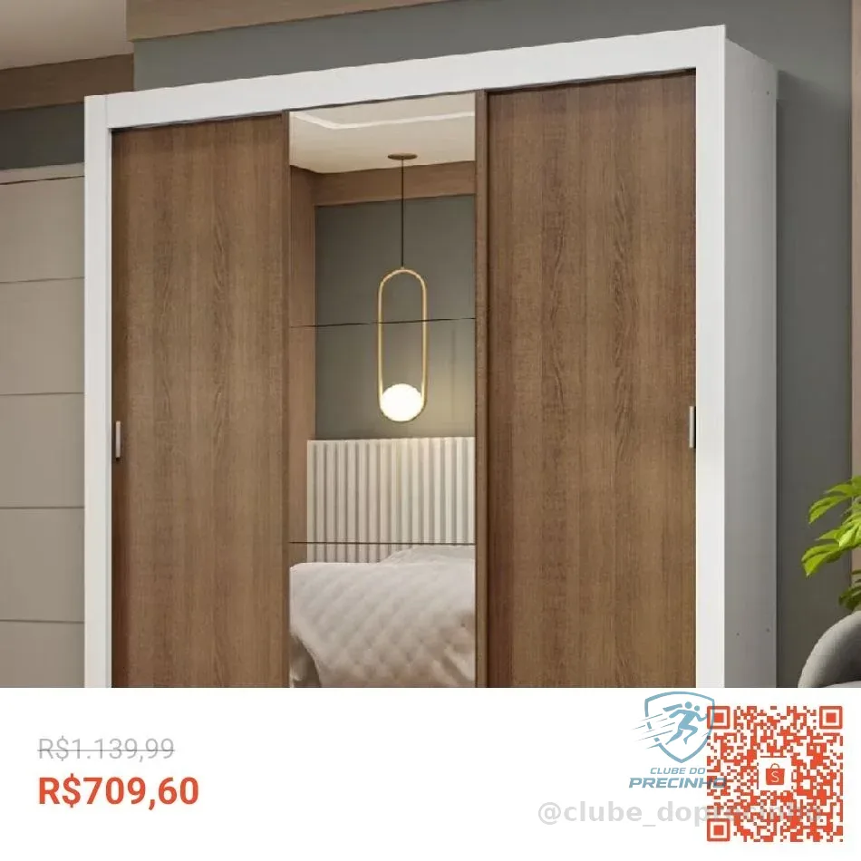 Guarda-Roupa Casal 3 Portas de Correr com Espelho Branco/Rustic Nobre Madesa