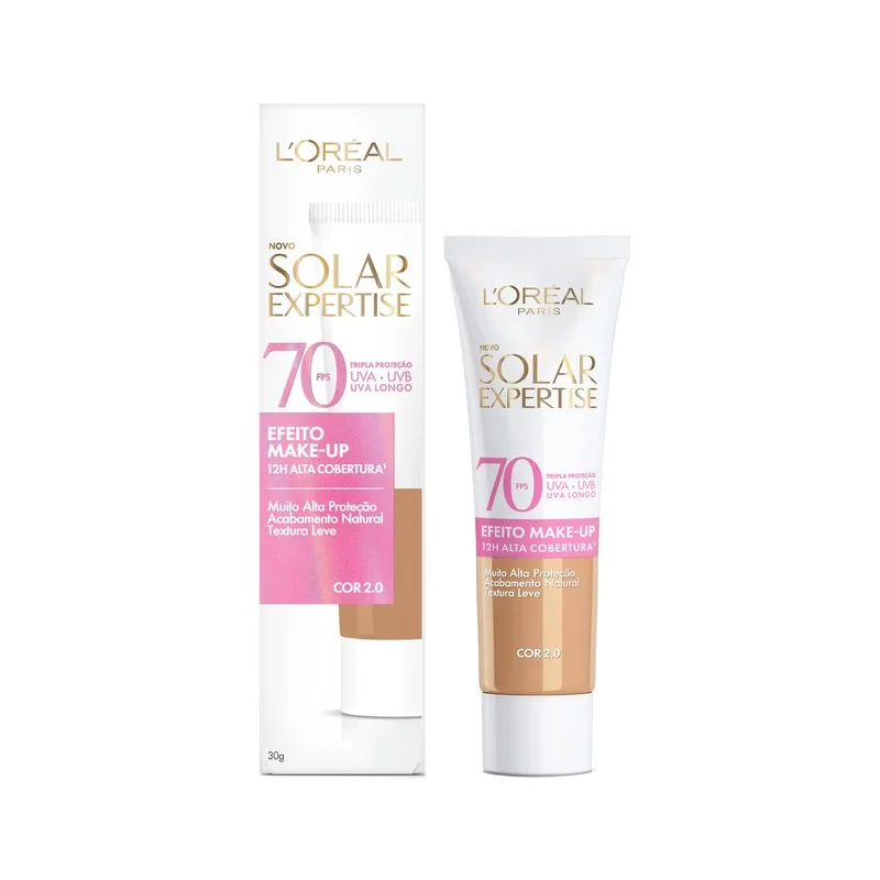 L'Oréal Paris Solar Expertise Efeito Makeup FPS 70, Protetor Solar Facial com Cor e Alta Cobertura de Base por 12H, Previne Rugas e Manchas, Cor 2.0, 40g