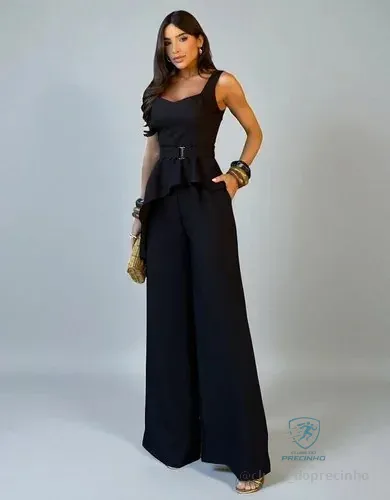 Conjunto Feminino Alfaiataria Elegante Blusa Calça Pantalona Preto Lisa M