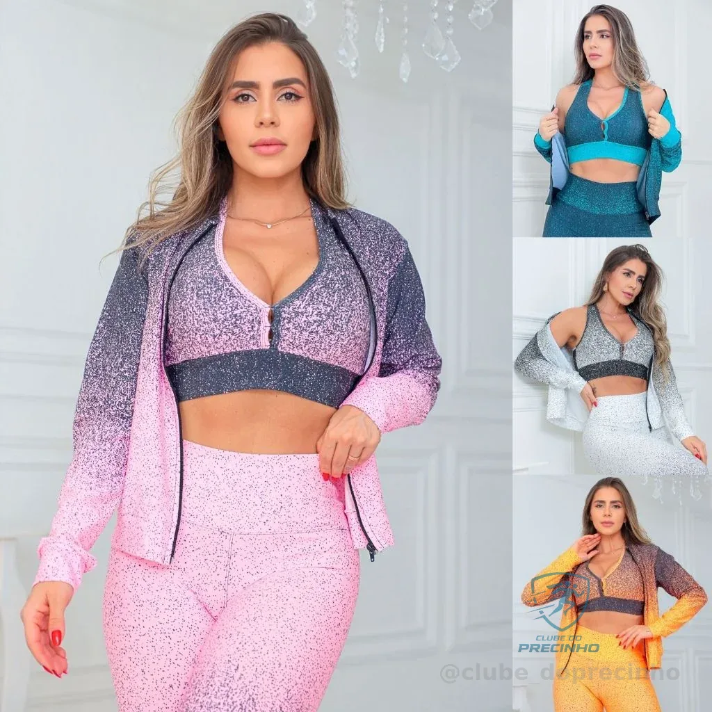 Conjunto Trio Fitness Feminino em Degradê com Casaco Bomber Calça Legging e Top com Bojo Removível Shopee