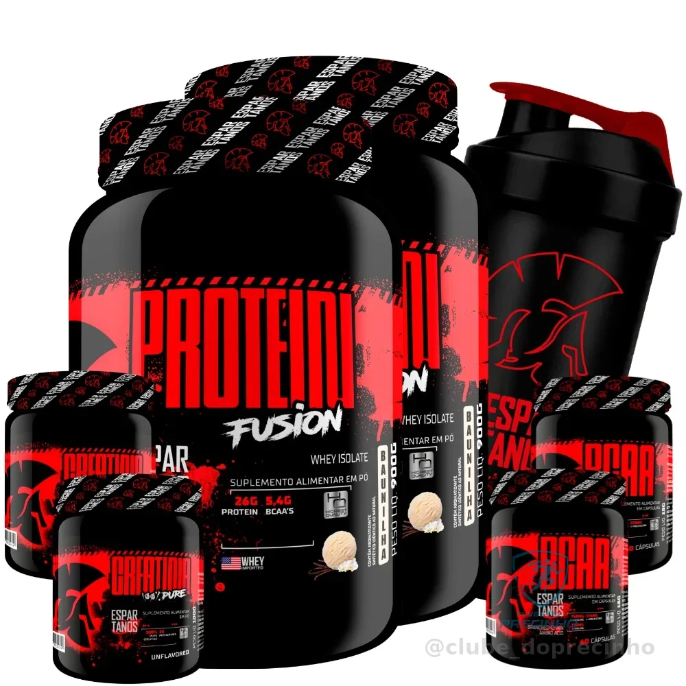 Kit 2x Whey Protein Fusion 900g + 2x Bcaa 3:1:1 60 Cáps + 2x Creatina 100% + Coqueteleira Shopee