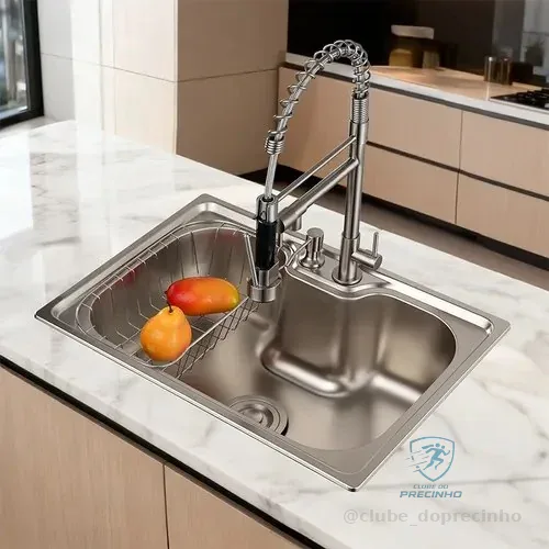 Cuba Para Pia Gourmet Luxo Guerra Aço Inox + Torneira Água Fria Flexivel Bancada Cozinha 60x42cm Kit Completa 60cm 42cm Winda Prateado