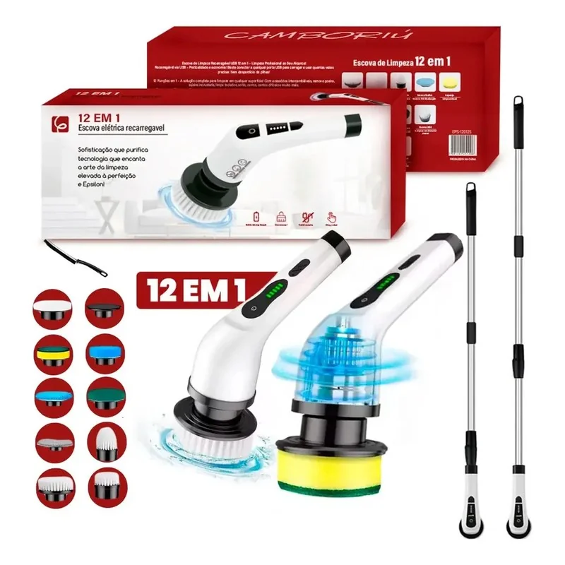 Escova De Limpeza Elétrica 12 Em 1 Giratória Recarregável Cabo Regulável Eps-4112 - Branco