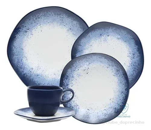 Aparelho De Jantar 20 Peças Galapagos Ryo Oxford Porcelana Branco E Azul Estampado