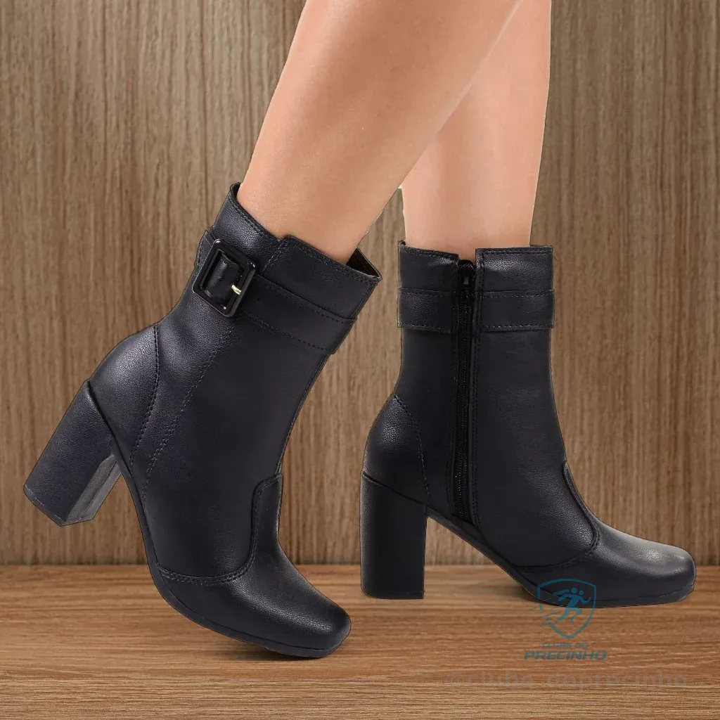 Bota Feminina Preto Napa Cano Médio Com Fivela E Zíper Bico Quadrado Conforto E Antiderrapante Shopee
