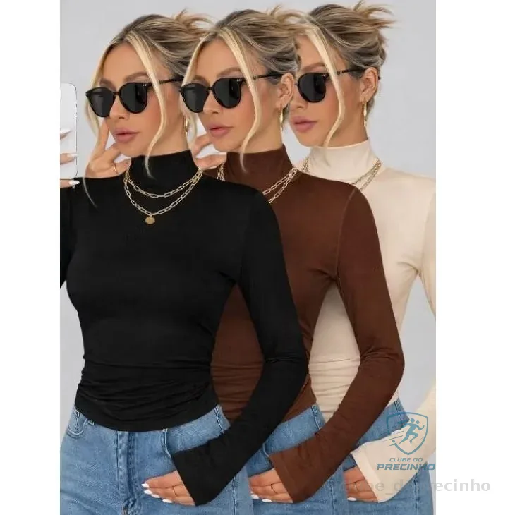 KIT 3 Blusas Feminina Manga Longa Gola Alta Cacharrel Segunda Pele Shopee