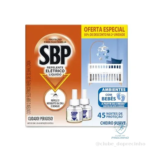 Repelente Elétrico Líquido SBP 45 Noites Cheiro Suave com 2 unidades de 32.9ml