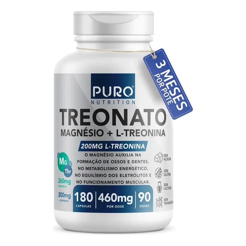 Magnésio L Treonato Puro Nutrition + Quelato, 180 Cápsulas Sem Sabor