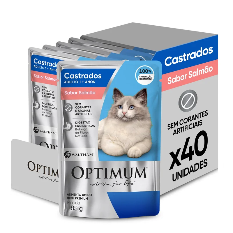 Pack Ração Úmida Optimum Sachê para Gatos Adultos Castrados Sabor Salmão 85g - 40 unidadaes