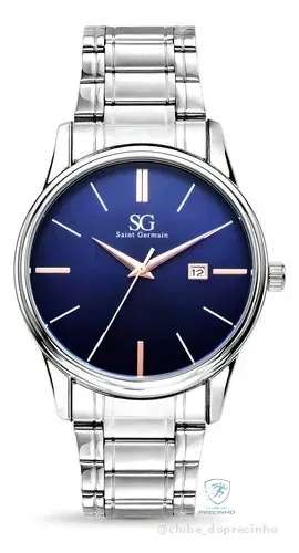 Relógio Masculino Clássico Pulseira Prata Correia Prateada Bisel Prateado Fundo Azul Marinho Saint Germain 42mm Elegante Detalhes Bronze