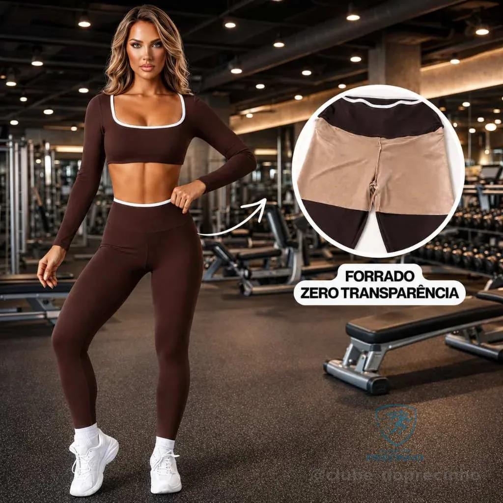 Conjunto Manga Longa Forrado de Academia Fitness Feminino com Top Manga Comprida e Legging Cós Alto Shopee
