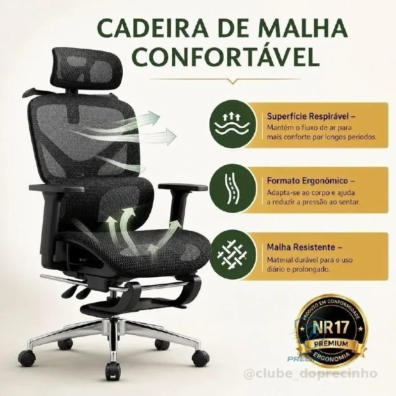 Cadeira de Escritório Ergonômica Reforçada Malha Respirável Ajustes Para Braços, Cabeça, Lombar e Apoio Pés - LARUNO