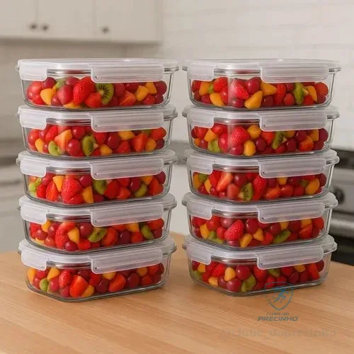 Conjunto 10 Potes 640ml Vidro Hermético 4 Travas Marmita Sortida