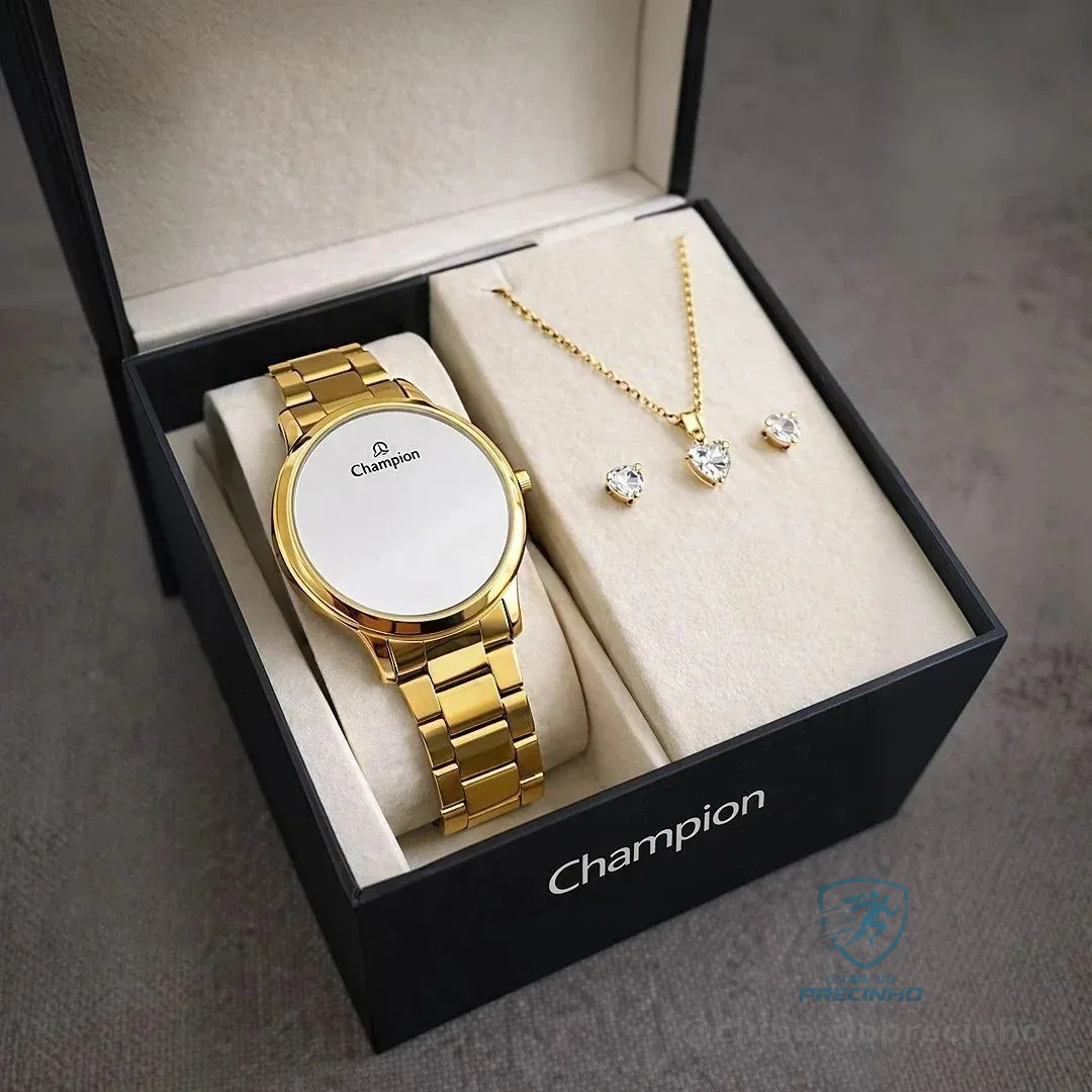 Kit Relógio Feminino Champion Dourado Redondo + Conjunto Colar Brinco CH40115B Mercado Livre
