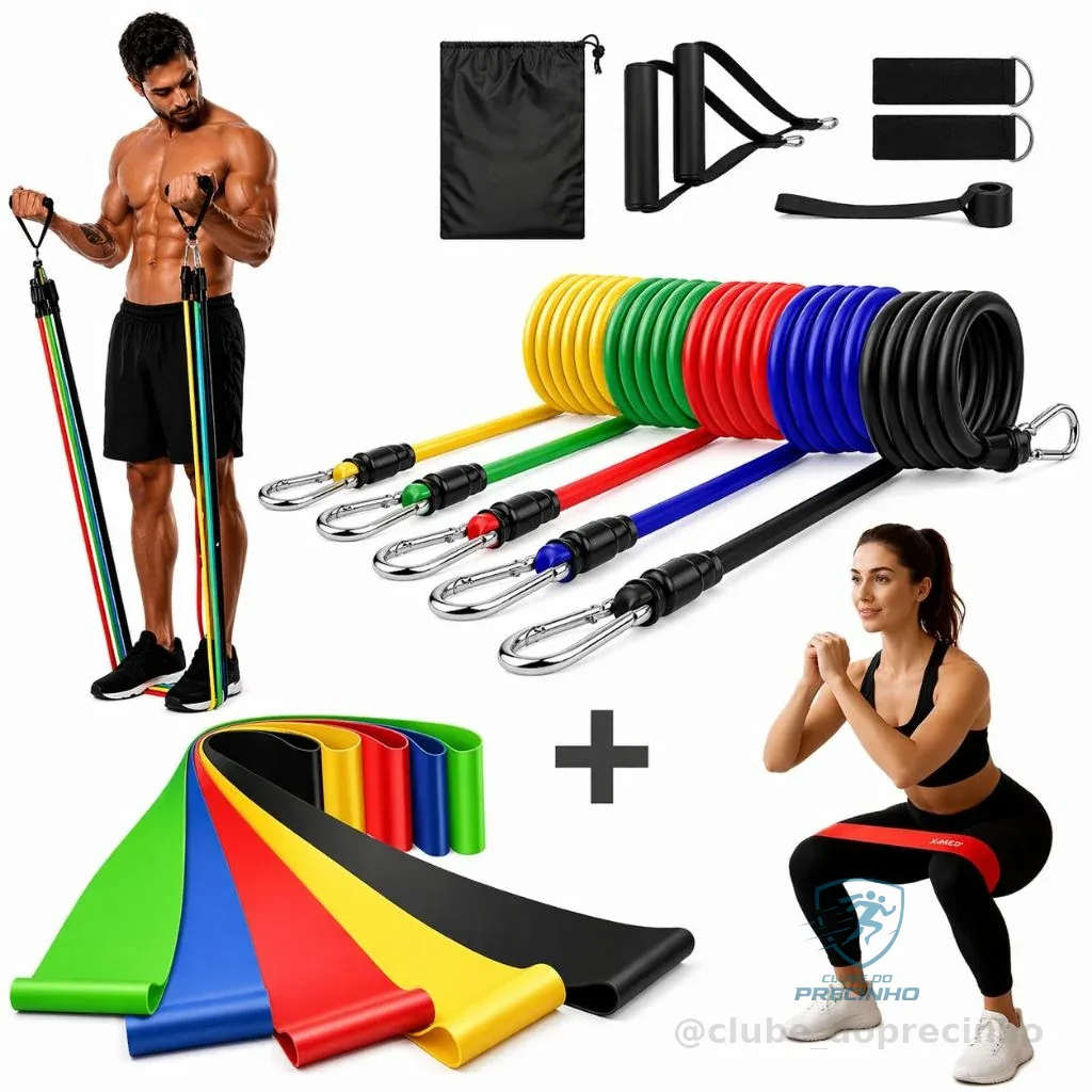 Kit 16 Itens Treino Em Casa Completo Elásticos Extensores + 5 Mini Bands Fitness Musculação Exercícios Yoga Fisioterapia