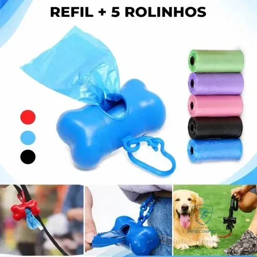 Kit Cata Caca Dispenser Porta Saquinho Pet + 5 Rolinhos Refil De Saco Coletor De Fezes Total 75 Saquinhos Higiênicos Gurumania