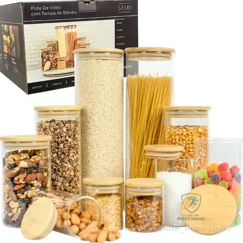 Kit 10 Potes Herméticos Vidro Tampa Bambu Seiri Para Mantimentos Cozinha Transparente