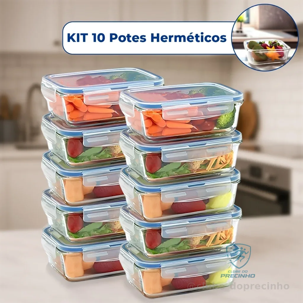 Kit Pote de Vidro Hermético Retangular 10 / 5 Unid Travas Marmita Fit Microondas Mantimentos Shopee