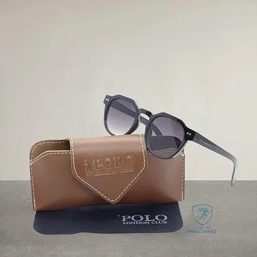 Óculos de Sol Casual Unissex Polo London Club,design Redondo Lente Proteção UV400 - Kit contém Case Couro ECO (Preto Gradiente)