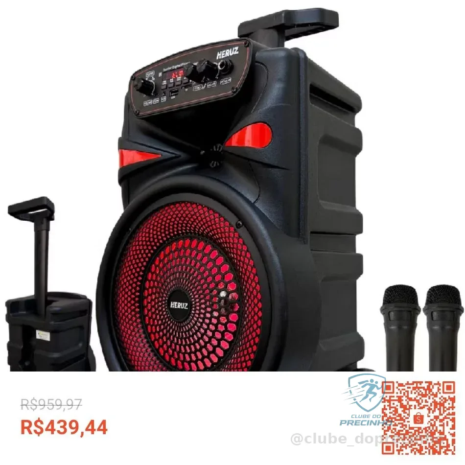 Caixa de Som Grande Amplificada 2000w com Rodinha e 2 Microfones Sem Fio LED MP3
