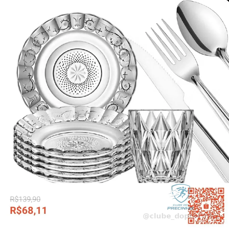 Kit Jantar 30 Peças Pratos Estrela Copos Diamond 300ml Talheres Inox Completo Elegante Luxo