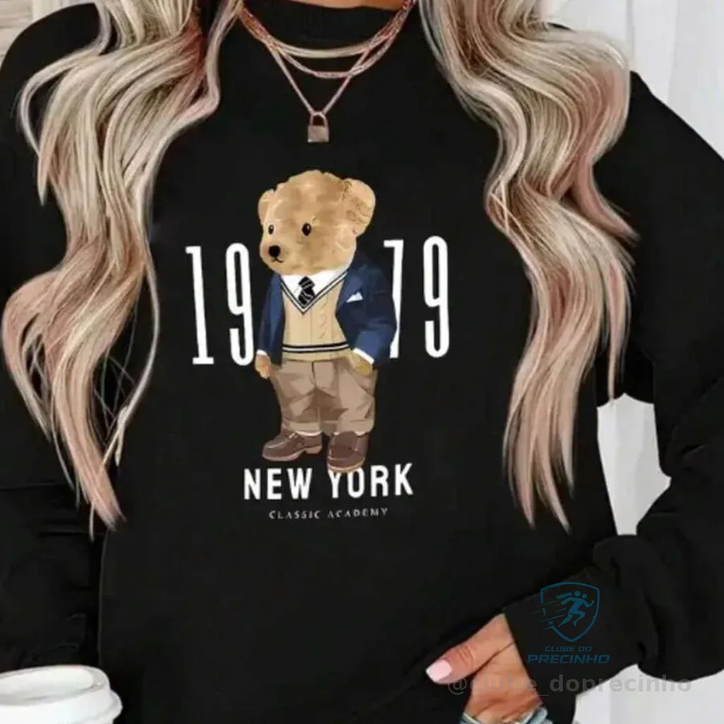 Blusa de Moletom Algodão Feminina Gola Redonda Urso Shopee