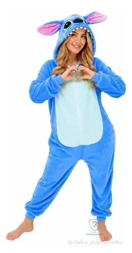 Pijama Macacão Kigurumi Stitch Feminino Adulto Plush Zíper