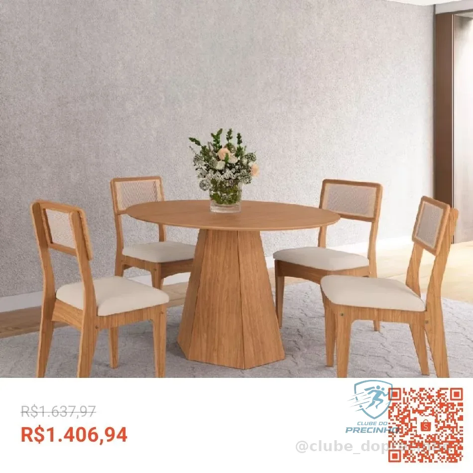 Conjunto Sala de Jantar Mesa Lisboa Hexagonal com 4 Cadeiras Palha Sintética 100% MDF