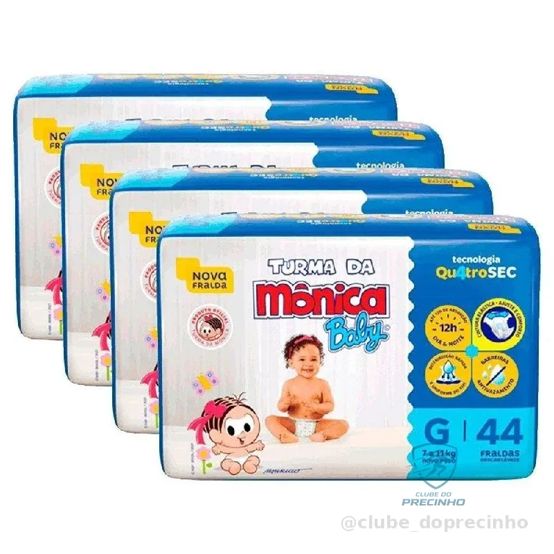 🤰👶Fralda Descartável Turma da Mônica Tamanho G - 4 Pacotes com 44 Fraldas - Total 176 Tiras