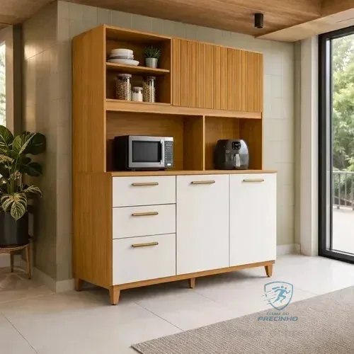 Armário Compacto Kit Cozinha Poliman Com 5 Portas 2 Gavetas Sicília Médio Mdp Pintura Uv Branco Cor Freijó Off Ripado Frisado