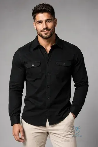 Camisa Jeans Social Masculina Slim Manga Longa Preto 44