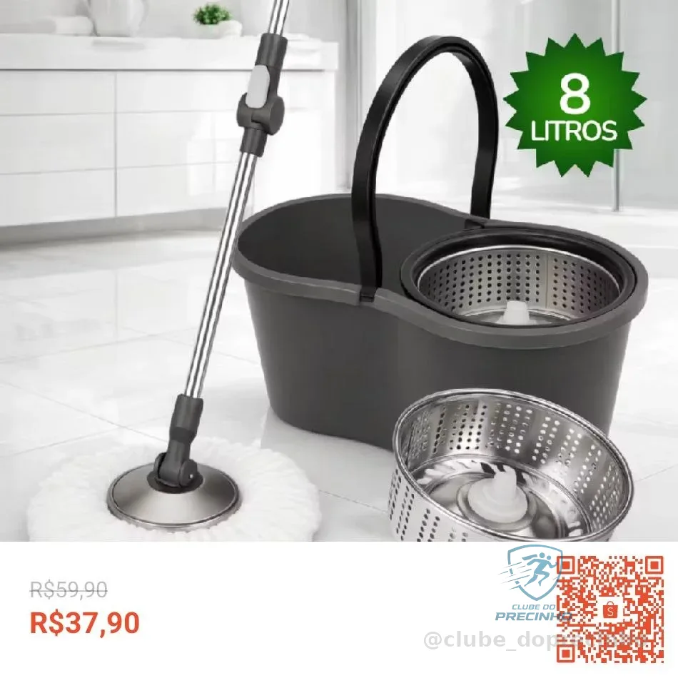 Mop Com Centrifuga Inox Com Refil de Microfibra e Cabo em Inox 8 Litros Mopi