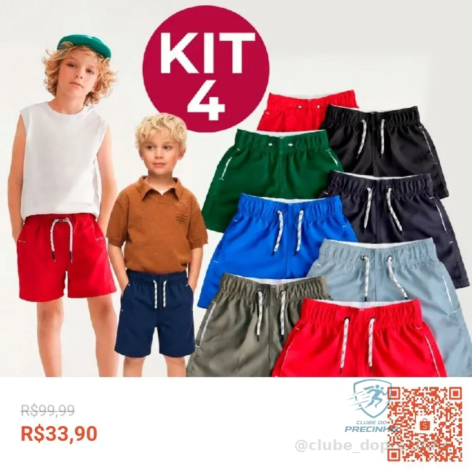 Kit 4 Short Bermuda Infantil Juvenil Tactel Menino Praia Com Bolso Elastano Premium 2 a 16 Anos