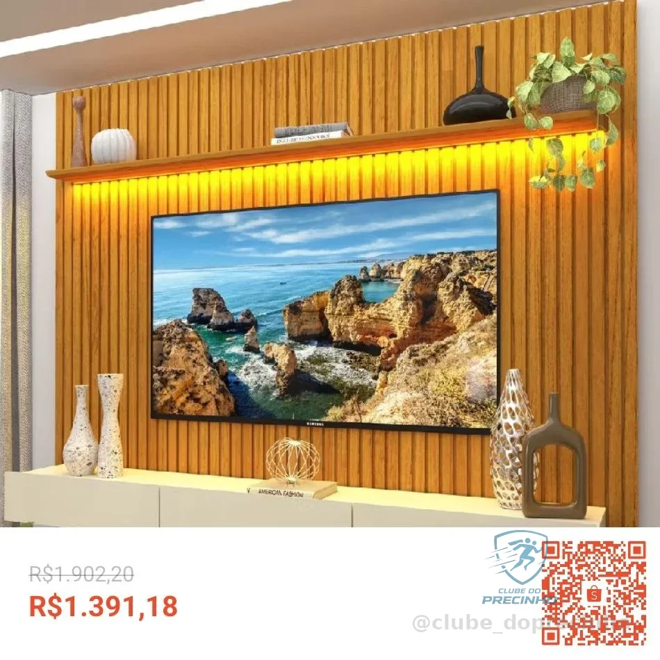 Rack Painel Ripado para TV até 90 Polegadas com LED 100% MDF 228,8cmx250cm 3 Gavetas Marrom Naturale/Off White