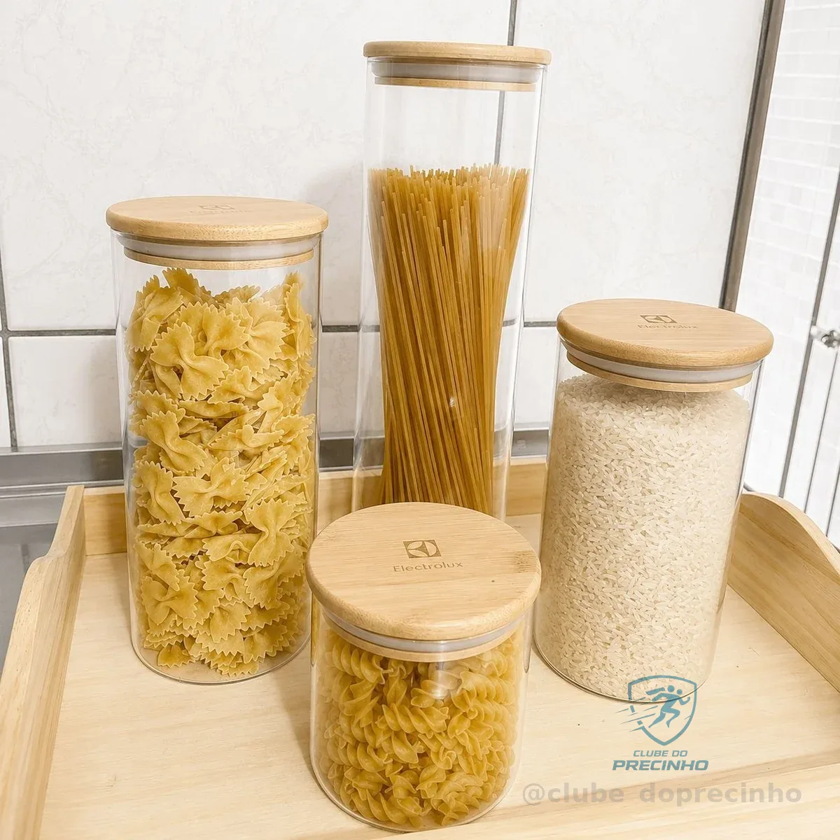 Electrolux Kit 4 Potes de Vidro Herméticos Porta-Mantimentos com Tampa de Bambu, Tampa Vedação de Silicone, Organizadores de Cozinha e Despensa, Transparente, Porta Alimentos, Grãos e Cereais
