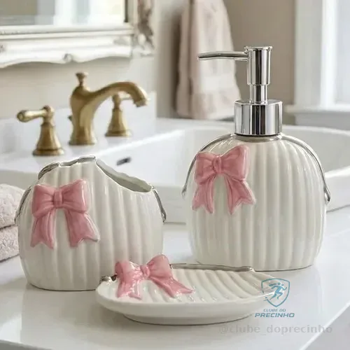 Kit Banheiro Lavabo Dispenser Porta Escova Saboneteira 3 Pçs Branco / Dream Lace