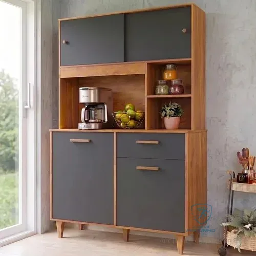 Armário De Cozinha Completa Compacta Dália 5 Portas 1 Gaveta Blue Moby Com Balcão Paneleiro Cinza/nature