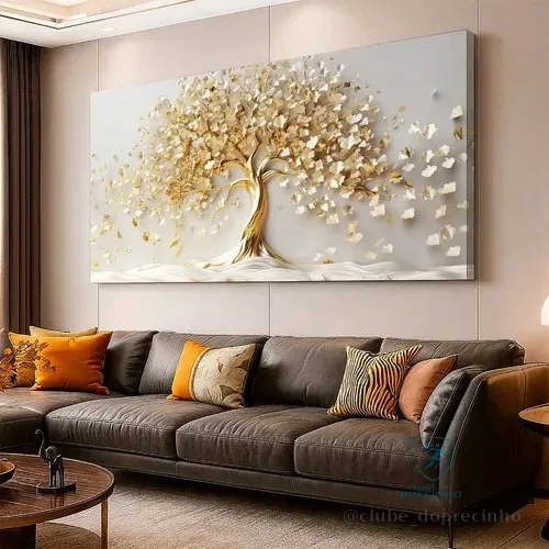 Quadro Arvore Da Vida Grande 130x70 Luxo Sala Ouro Gold Tela Dourado