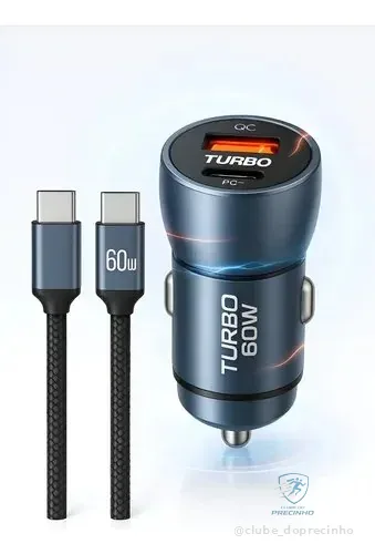 Carregador Veicular Usb-c Pd 60w Dupla Porta Usb-a + Usb-c Com Cabo Preto