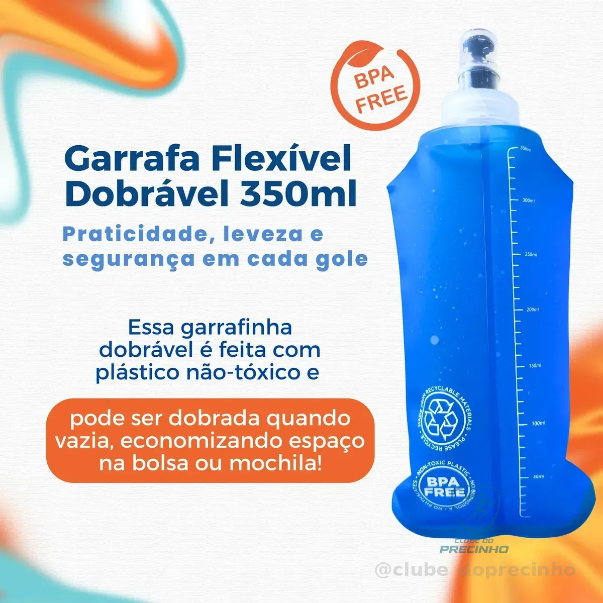Garrafa Hiratação Silicone Soft Flash 350ml Dobrável Azul-celeste
