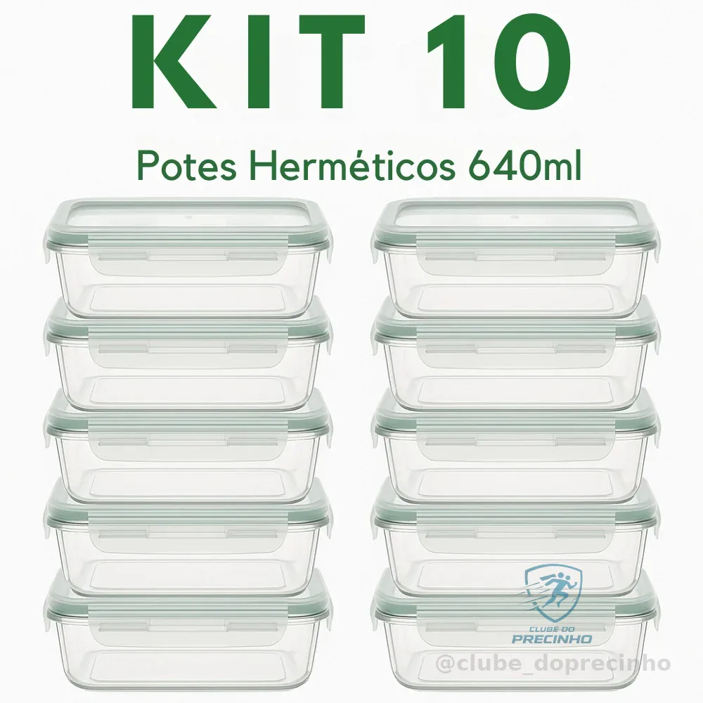 KIT 10 POTES HERMETICOS VIDRO 4 TRAVAS CONJUNTO MARMITA ALIMENTO ANTI-VAZAMENTO 640ML PREMIUM Shopee