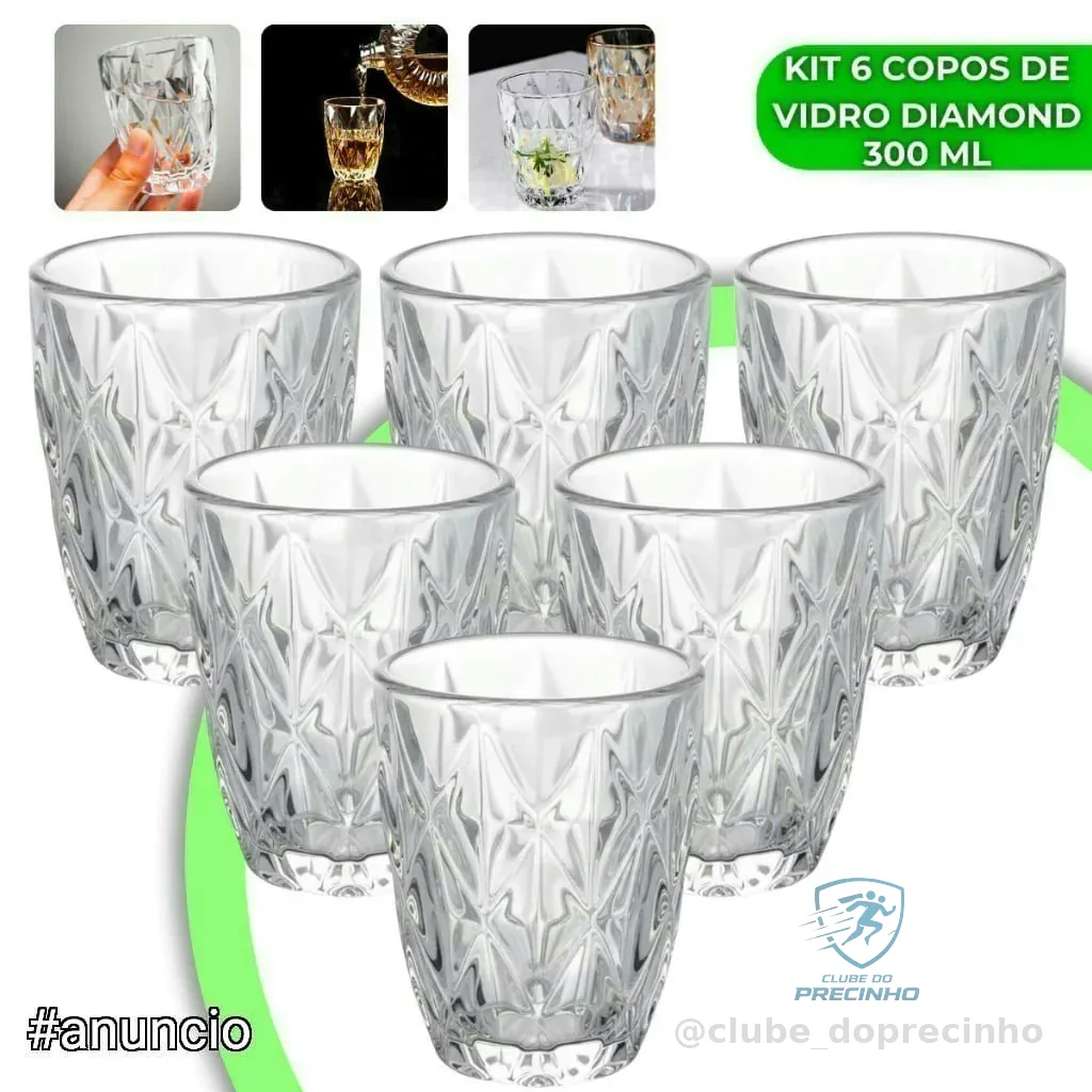 Jogo 6 Copos Diamond 300ml Vidro Grosso Diamante Luxo Resistente Transparente Elegante Moderno