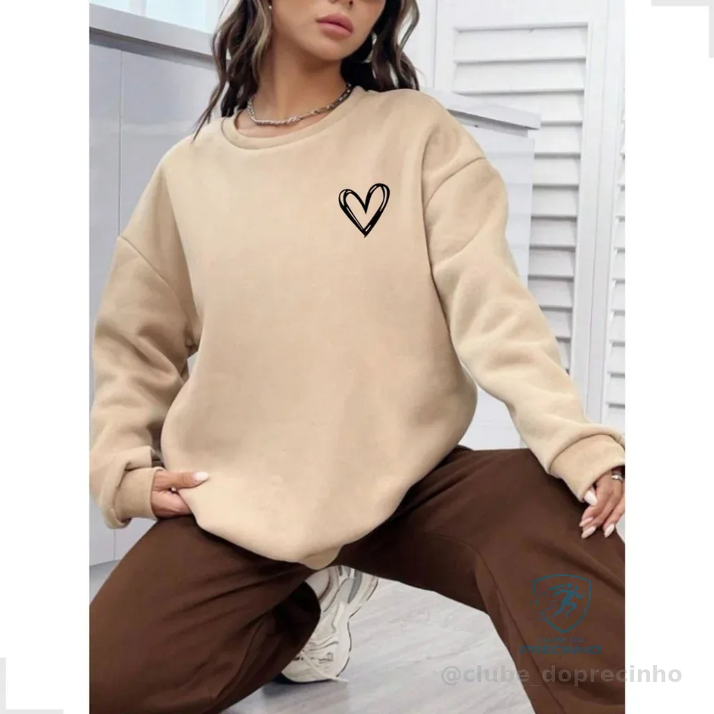 Moletom Feminino Blusa de Frio Casaco Grosso Sem Capuz Flanelado Estampado Quentinho Lançamento Shopee